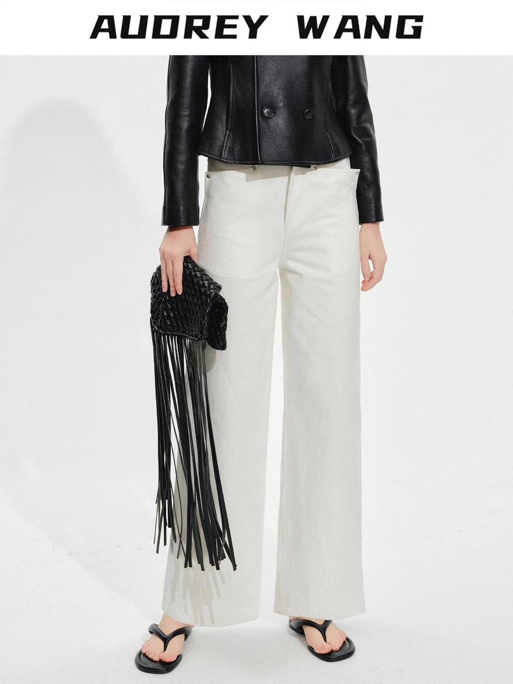 audreyyang Breathable Cotton High Waist Tailored Pockets Button Fly White Straight Pants