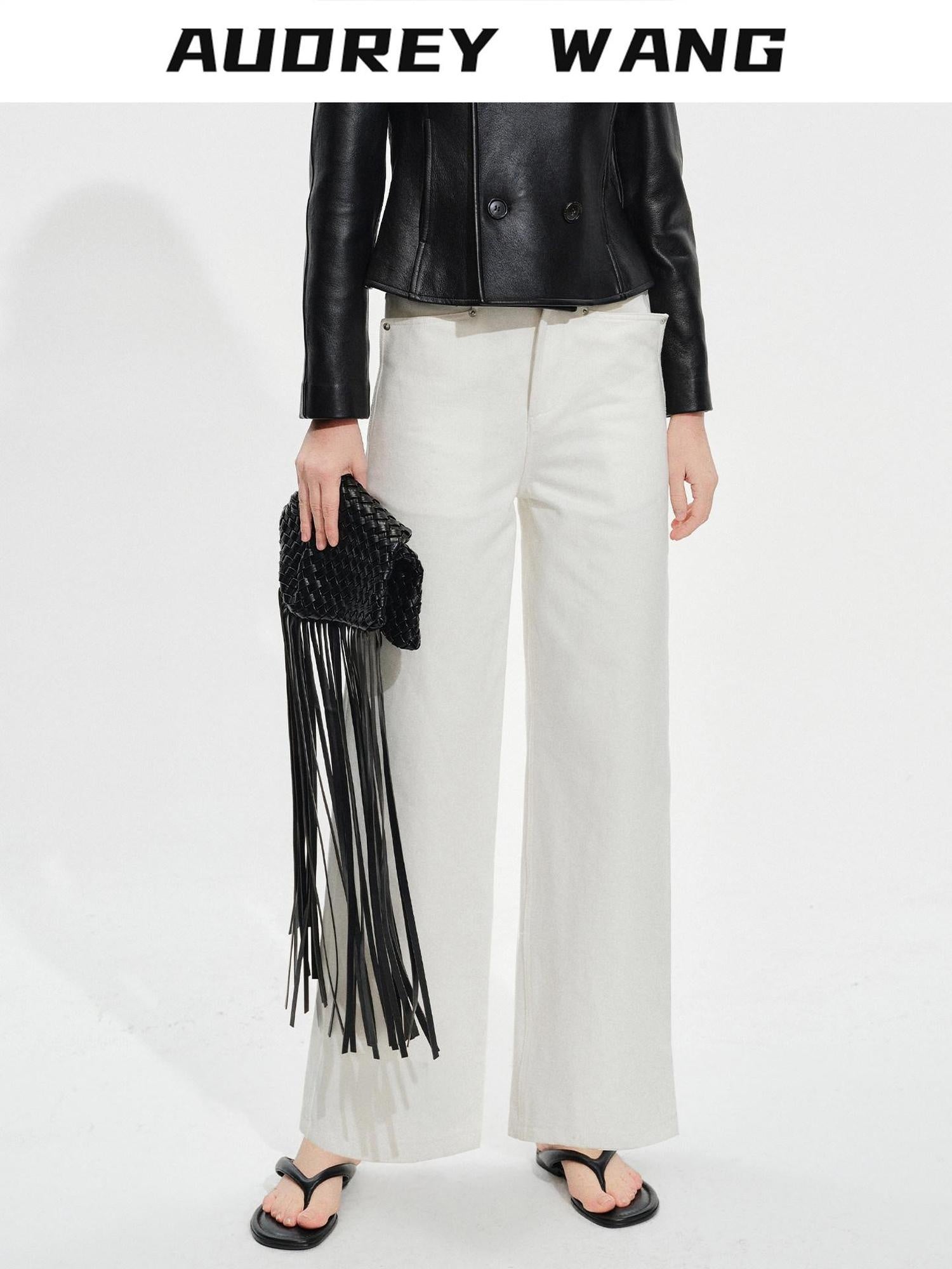 audreyyang Breathable Cotton High Waist Tailored Pockets Button Fly White Straight Pants