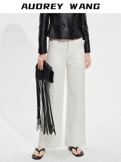 audreyyang Breathable Cotton High Waist Tailored Pockets Button Fly White Straight Pants