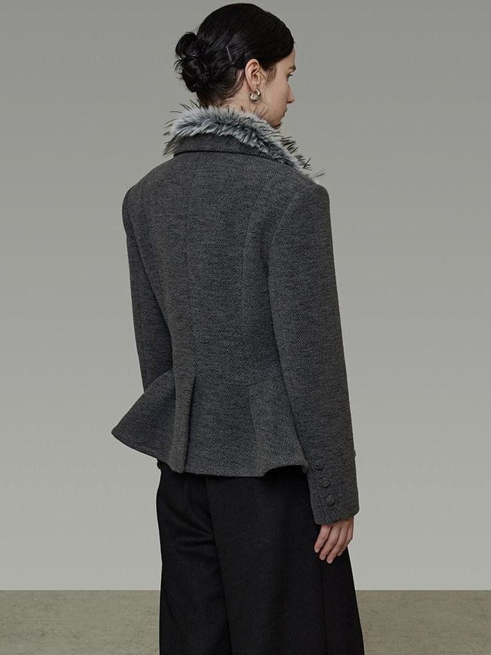 unspoken Wool Blend Double Breasted Slim Lapel Tailored Minimal Workwear Gray Short Coat
