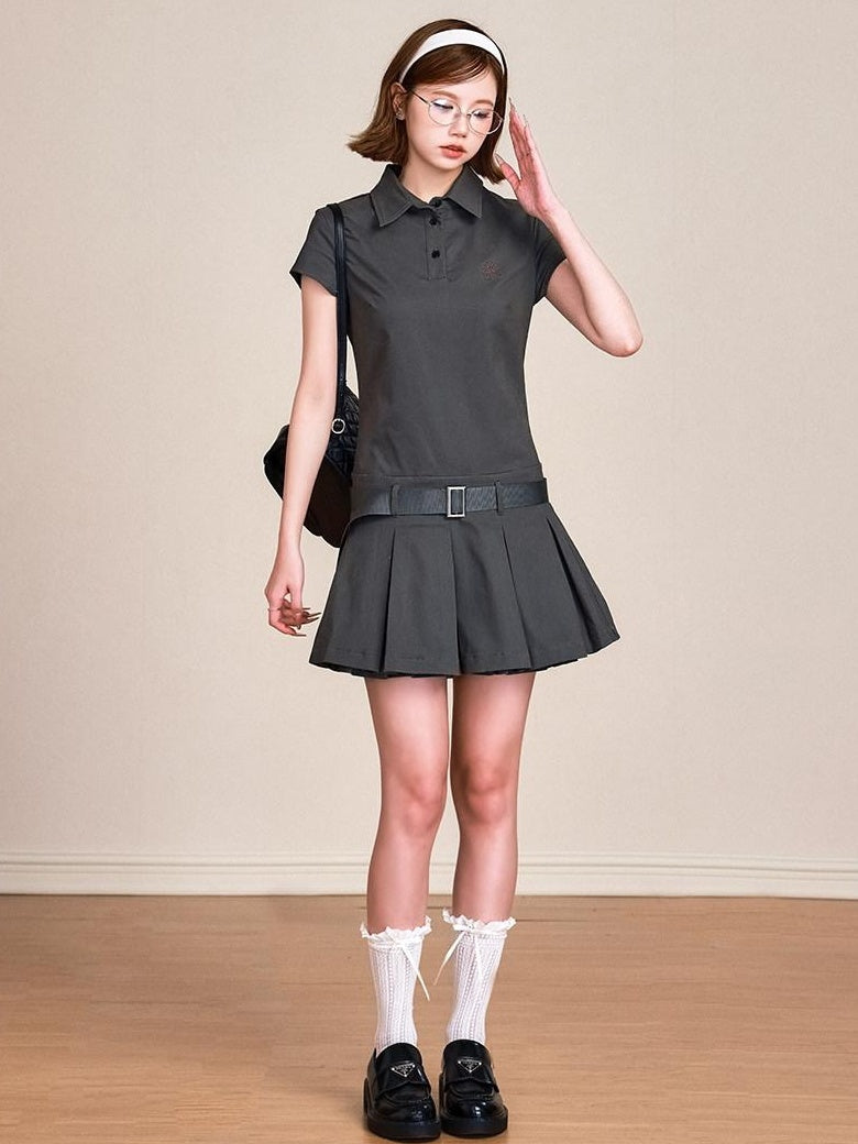 ikyou Embroidered 100 Percent Cotton Polo A Line Short Sleeve Gray Midi Dresses