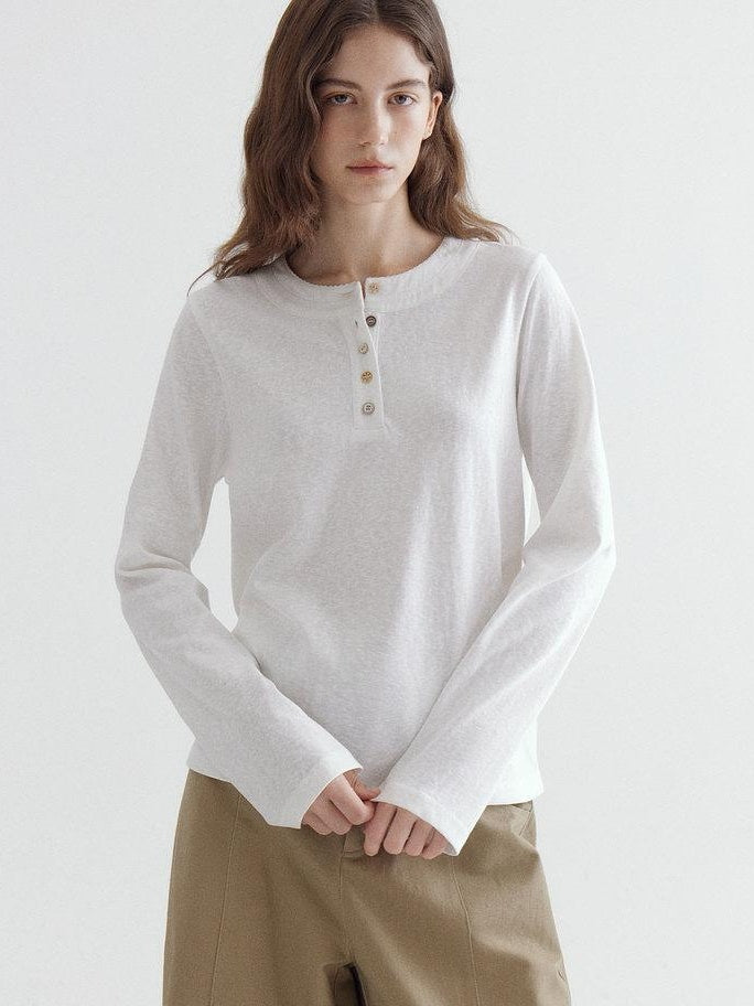 fano Soft Cotton Blend Round Neck Minimal Commuter Women White Long Sleeve T-Shirts