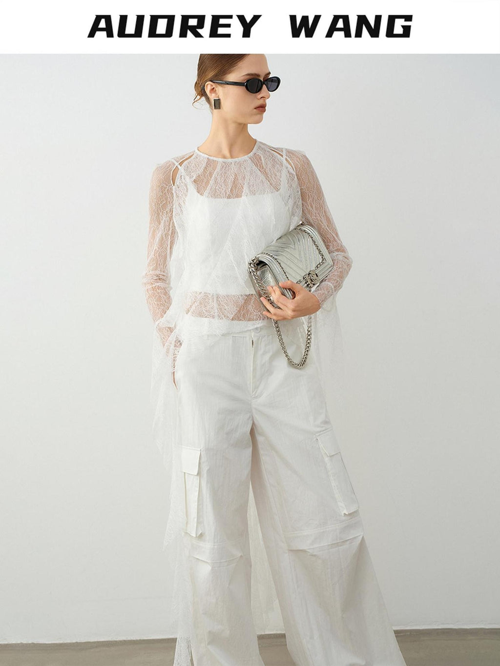 audreyyang Natural Waist Cotton Nylon Blend Loose Office Women White Straight Pants