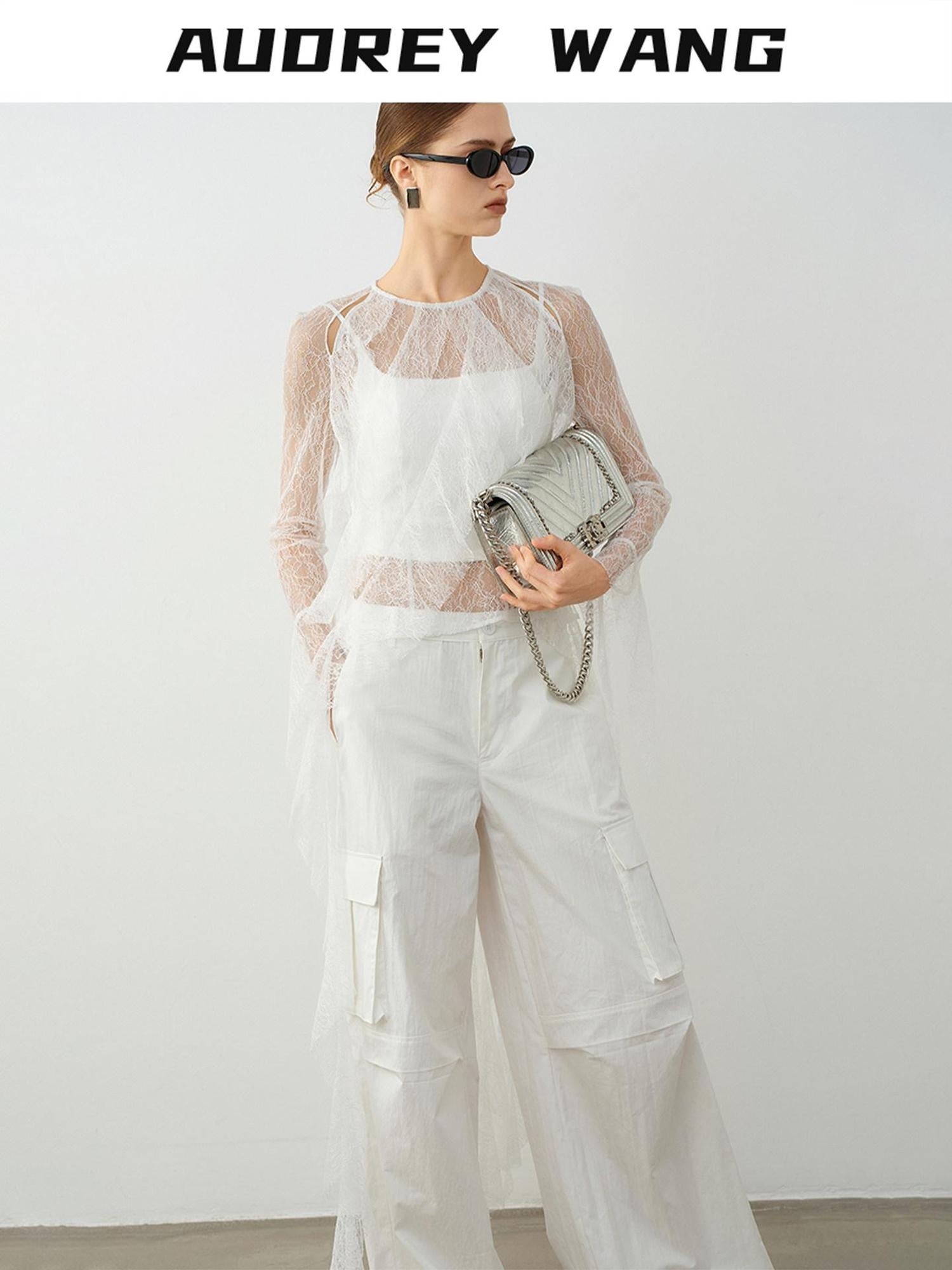 audreyyang Natural Waist Cotton Nylon Blend Loose Office Women White Straight Pants