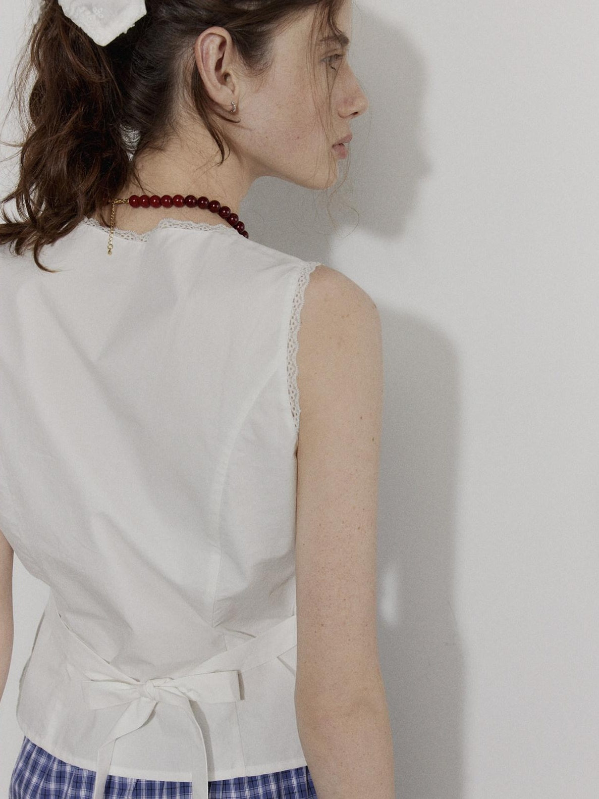 Lofi choose Slimming Lace Sleeveless French Loose Round Neck Button Women White Blouses