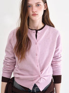 fano Durable Pure Sheep Wool Slouchy Crew Neck Buttoned Pink Knit Women Cardigans