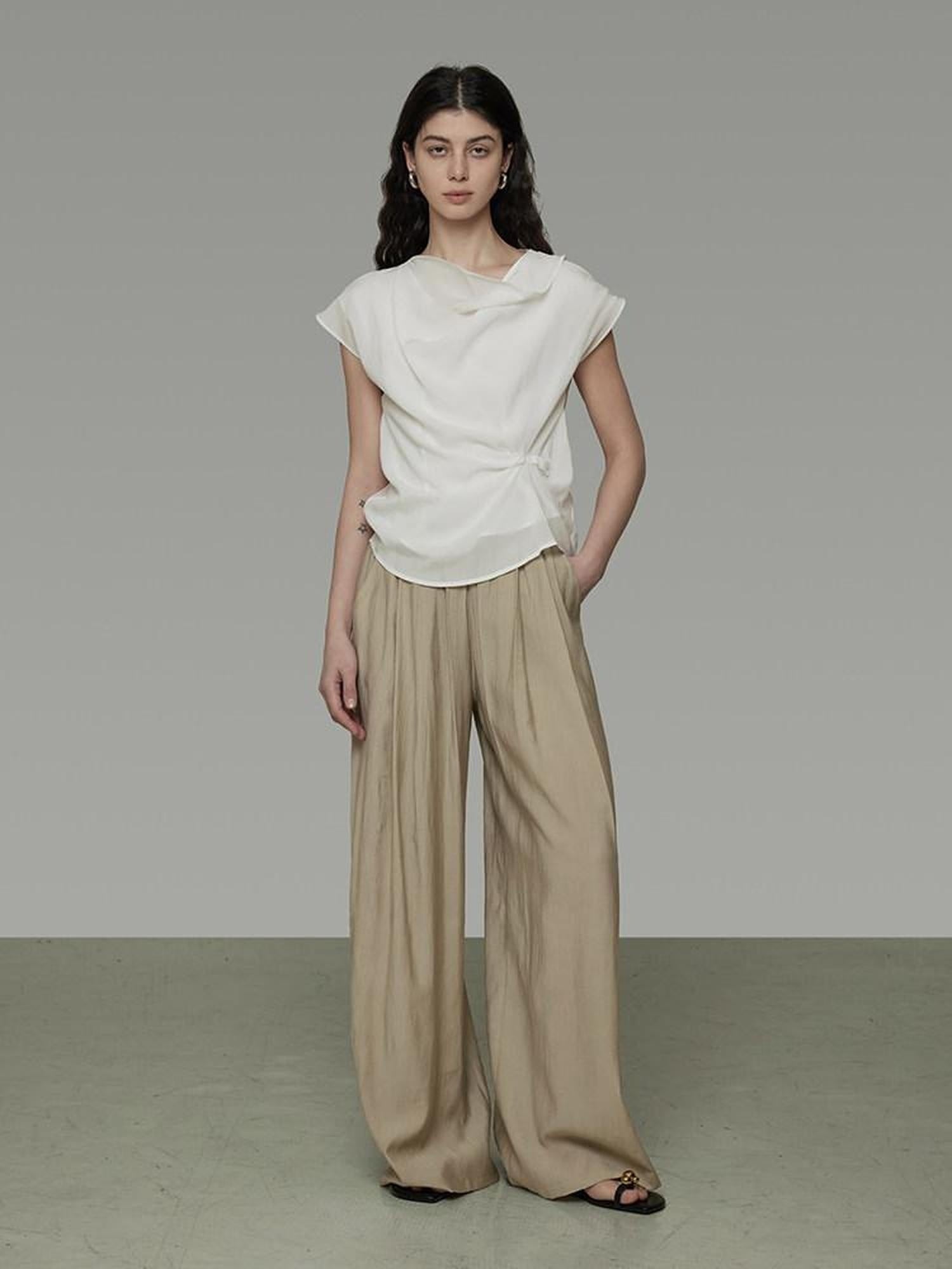 unspoken High Waist Pleated Elastic Workwear Khaki Viscose Wide Leg Pants
