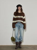 Lofi choose Cozy Acrylic Wool Colorblock Loose Fit Raglan Crewneck Striped Knit Sweaters