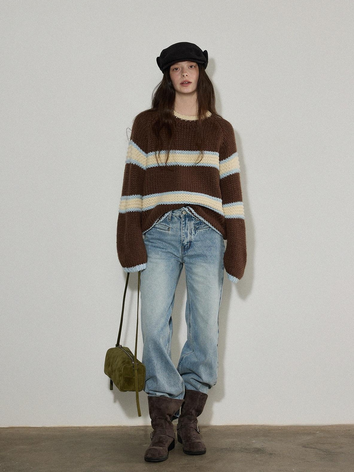 Lofi choose Cozy Acrylic Wool Colorblock Loose Fit Raglan Crewneck Striped Knit Sweaters