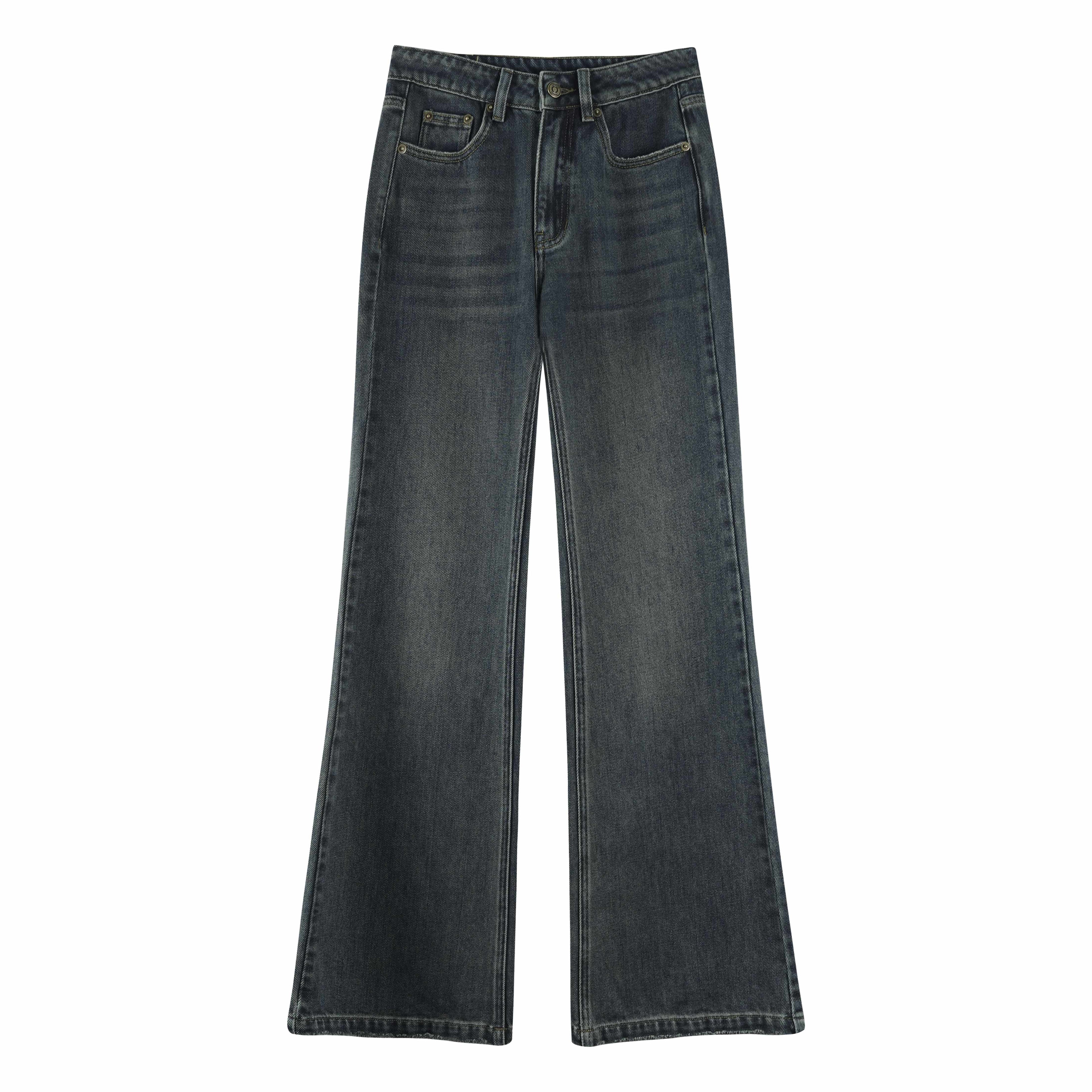 someonesometimes Vintage Washed Low Rise Distressed Denim Stretch Women Deep Indigo Flared Jeans