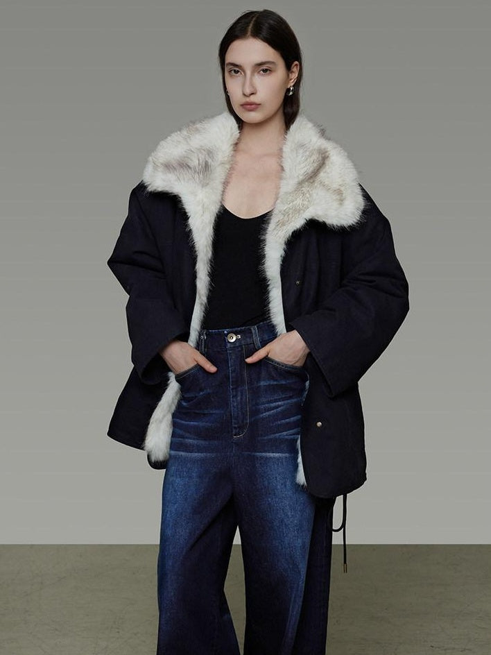 unspoken Fur Lined Thick Minimal Commuter Loose 3D Tailored Cotton Navy Puffer Jackets