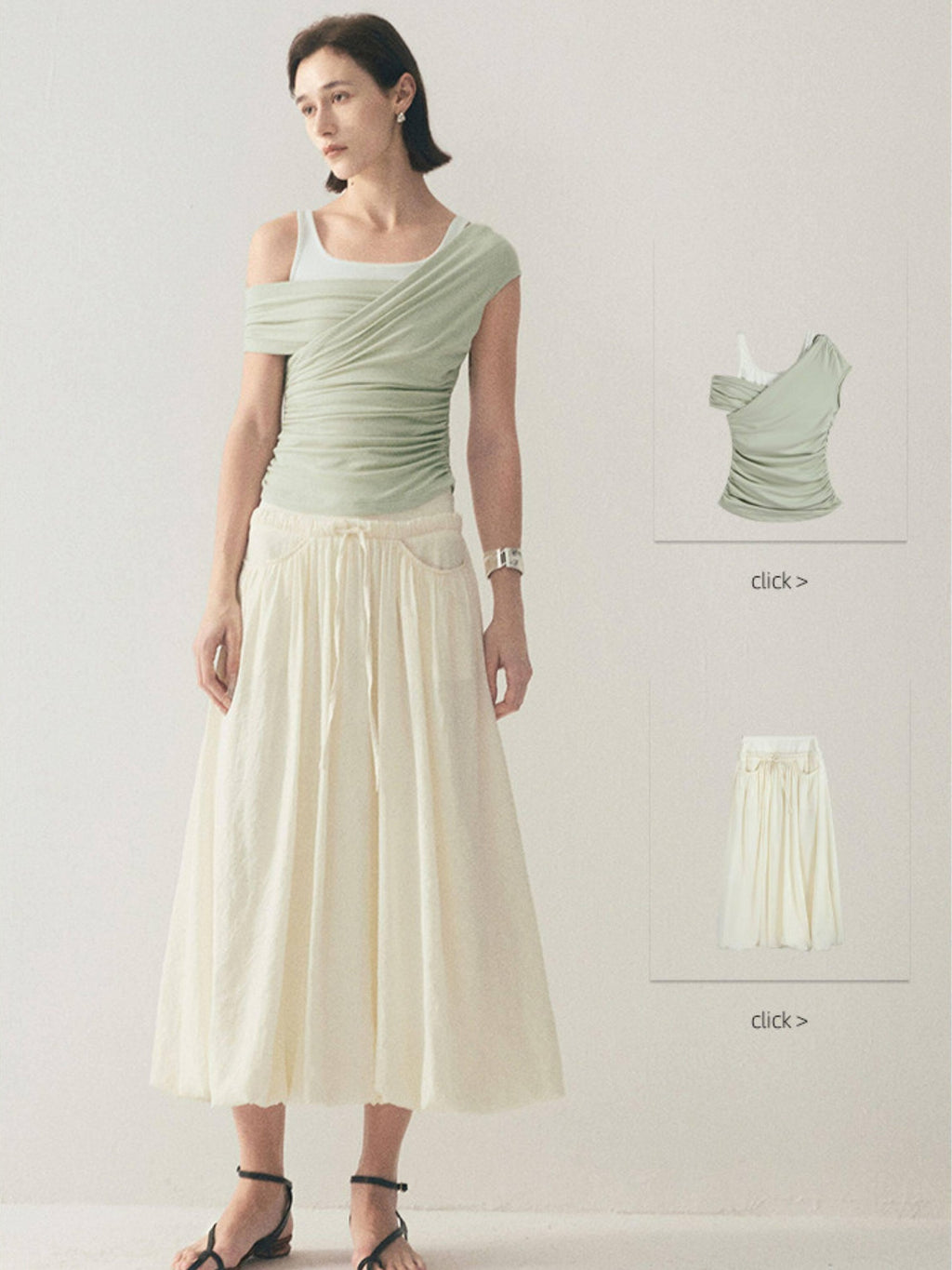 someone sometimes Original Slim Tie Detail Stand Collar Sleeveless Cream Pullover Top & Skirt Sets
