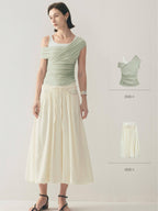 someone sometimes Original Slim Tie Detail Stand Collar Sleeveless Cream Pullover Top & Skirt Sets