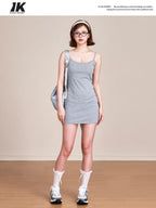 ikyou Slim Fit Cotton Spaghetti Strap Sleeveless Grey Casual Chic Midi Dresses