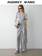audreyyang Eco Viscose Relaxed Minimalist Workwear Natural Waist Zip Women Wide Leg Pants
