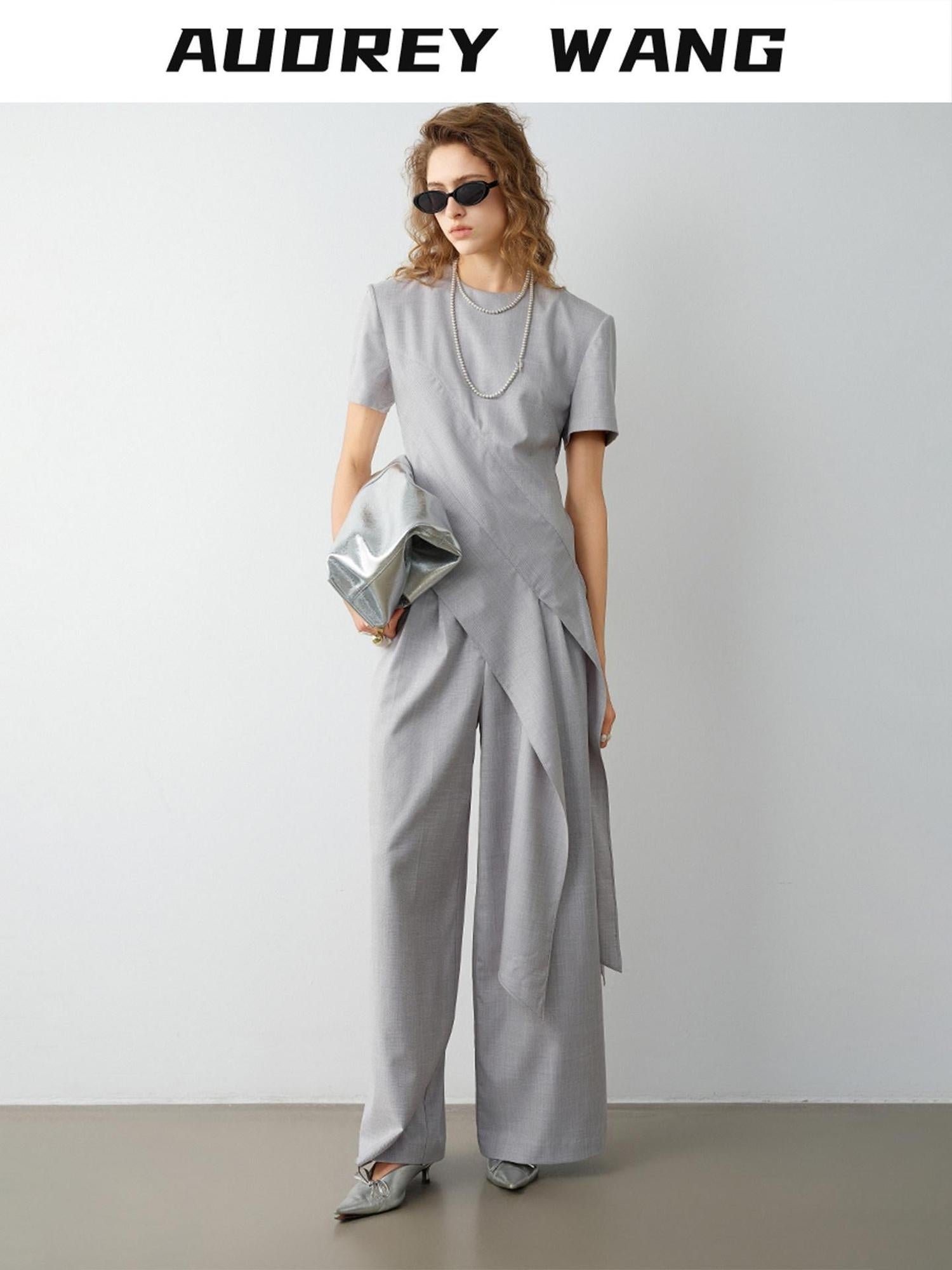 audreyyang Eco Viscose Relaxed Minimalist Workwear Natural Waist Zip Women Wide Leg Pants
