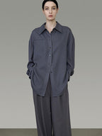 unspoken Skin Friendly Breathable Polyester Blend Loose Fit Blazer Collar Gray Shirts