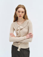 someonesometimes Soft Stretch Knit Slim Fit Casual V-neck Women Sand Long Sleeve T-Shirts