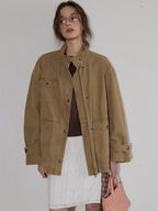 Lofi choose Airy Loose Fit Commuter Lapel Button Longsleeve Solid Khaki Cropped Jackets