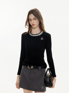 ikyou Rhinestone Soft Cotton Blend Slim Fit Workwear Black Long Sleeve T-Shirts