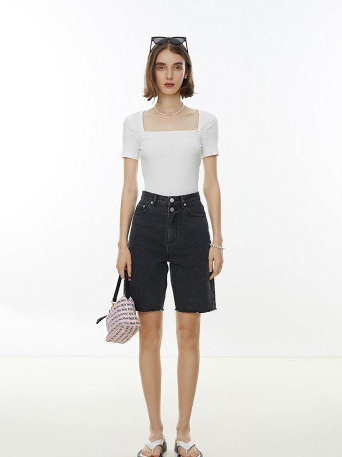 fano Creative Square Neck Slim Fit Minimalist Women Black White Short Sleeve T-Shirts