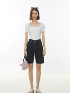 fano Creative Square Neck Slim Fit Minimalist Women Black White Short Sleeve T-Shirts