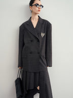 audreyyang Vintage Plaid Double Breasted Loose Fit Lapel Women Work Gray Blazers