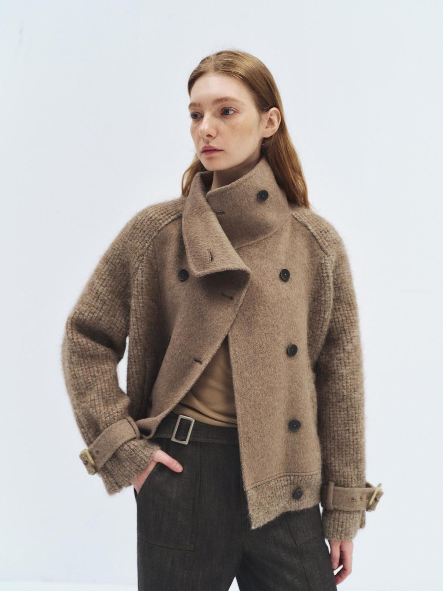 someonesometimes Alpaca Blend Double Breasted Casual Loose Fit Women Lapel Dusty Camel Short Coat