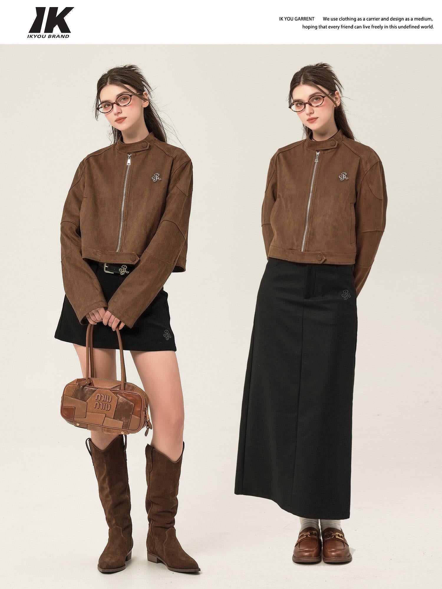 ikyou Resin Colorfast Vintage Boxy 3D Decor Zip Stand Collar Brown Cropped Jackets