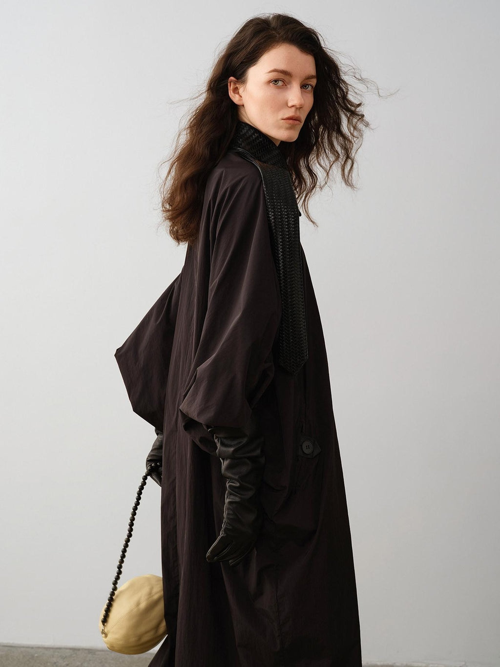 audreyyang Long Polyamide Patchwork Trench Decorative Tabs Women Black Trench Coats