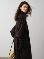 audreyyang Long Polyamide Patchwork Trench Decorative Tabs Women Black Trench Coats