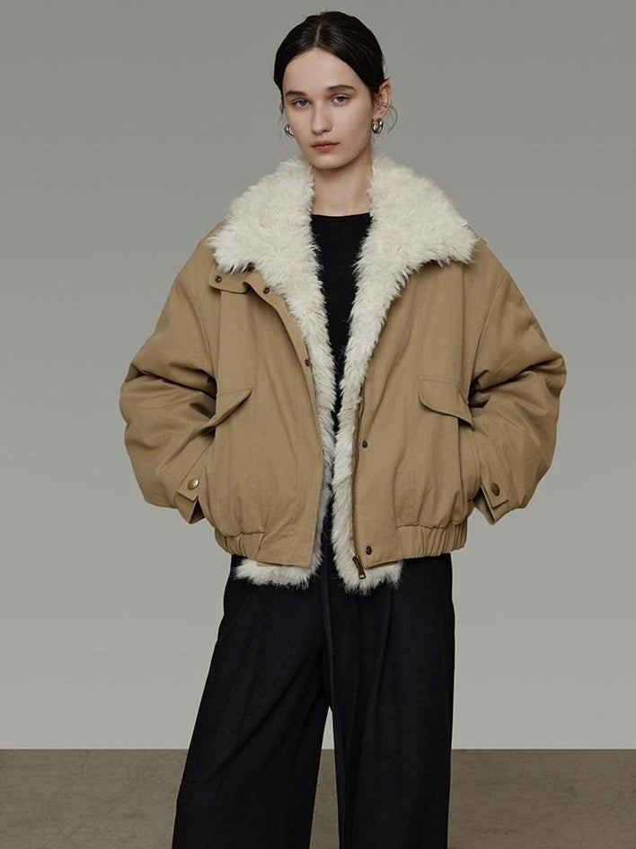 unspoken Thick Cotton Padded Patchwork Cropped Loose Commuter Khaki Puffer Jackets