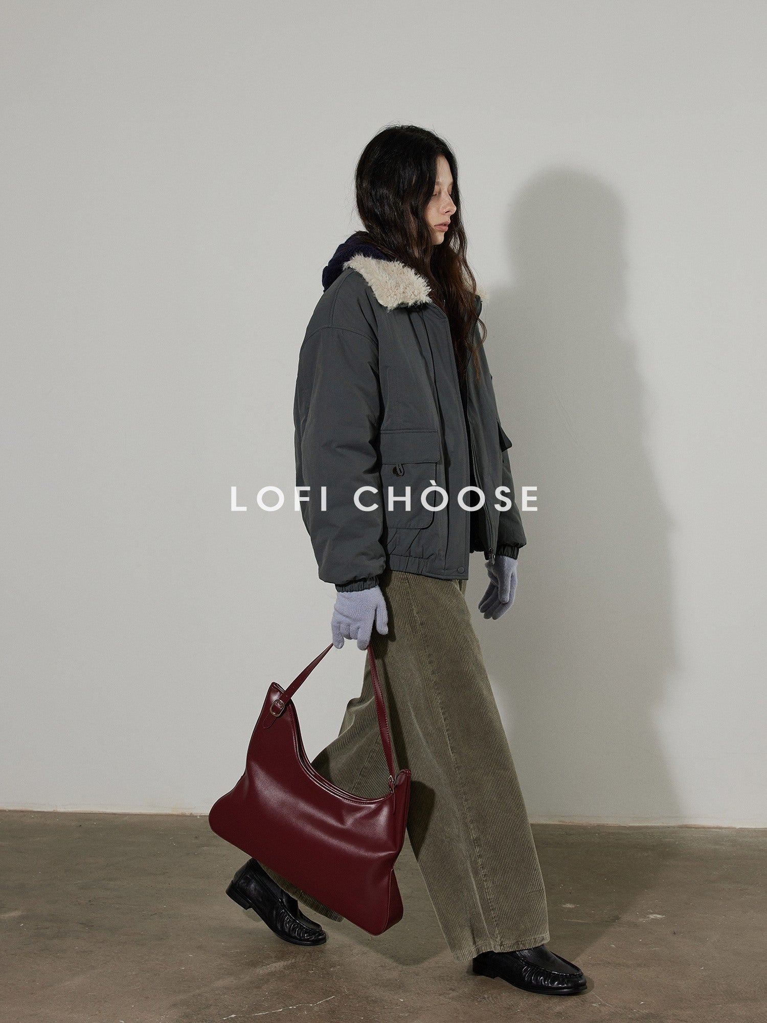 Lofi choose Warm Thick Loose Fit Commuter Zipper Long Sleeve Green Haze Gray Bomber Jackets