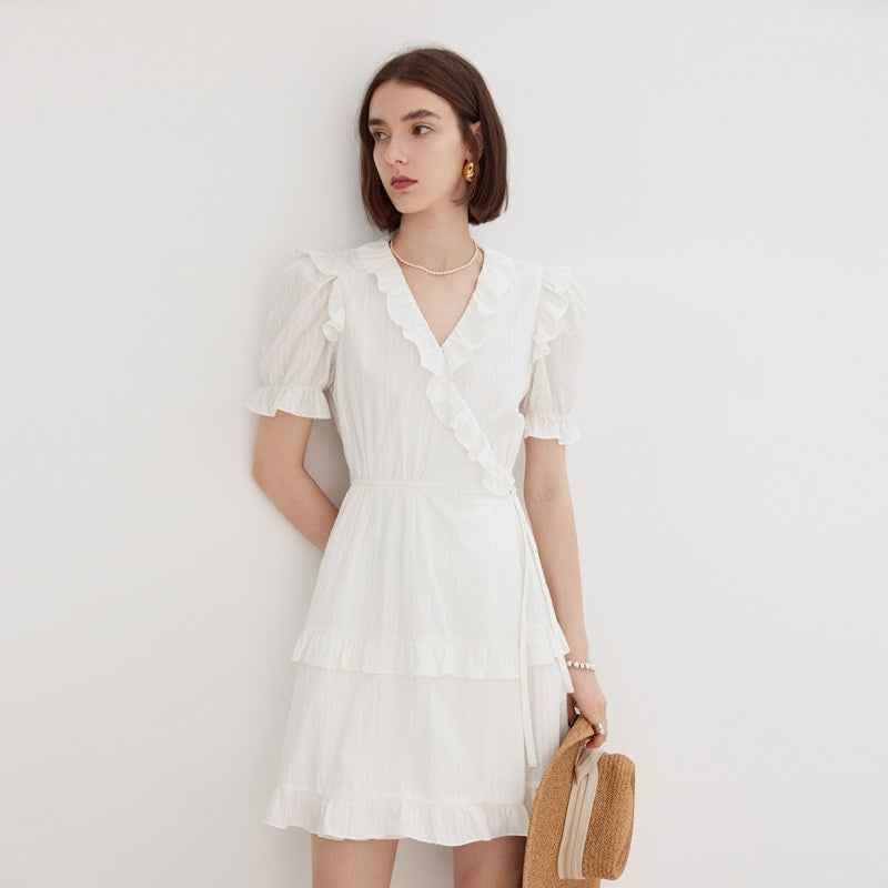 fano_High_Waist_Tie_A_Line_Cotton_V-neck_Puff_Sleeves_Casual_Work_Women_Midi_Dresses_MISSTT