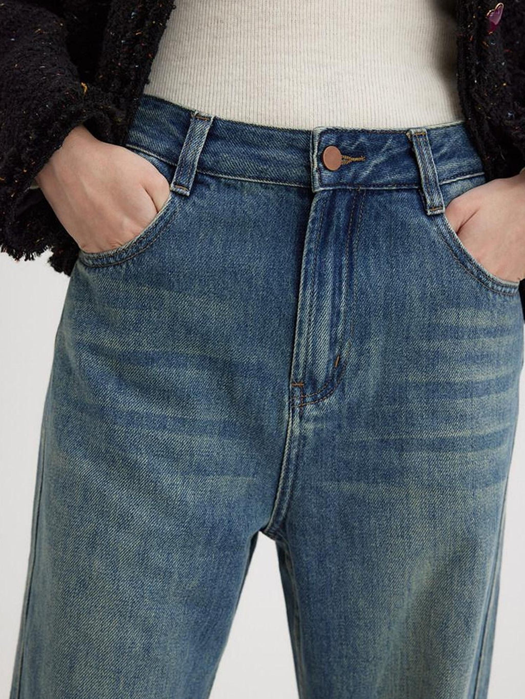 fano High Waist Washed Clean Straight Rigid Denim Blue Straight Leg Jeans