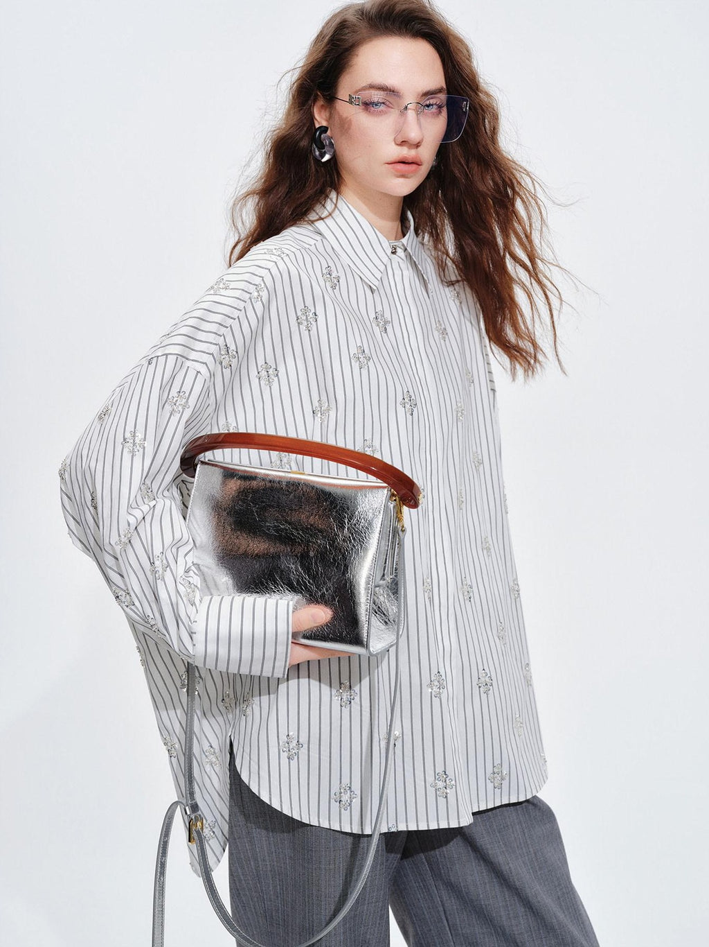 audreyyang Holds Shape Casual Loose Colorblock Striped Drop Shoulder Women Cotton Shirts