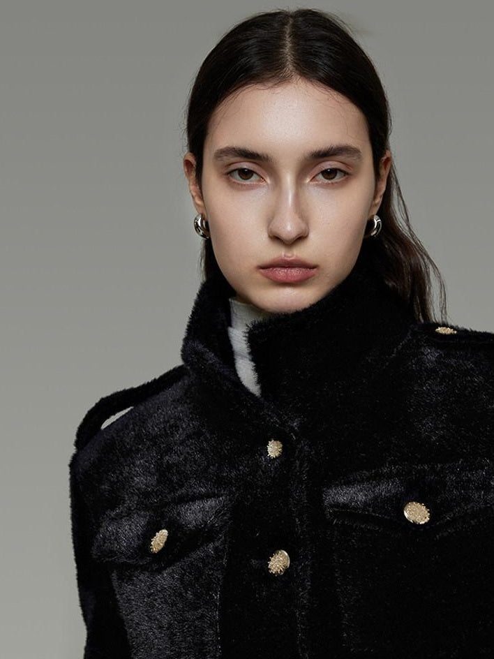 unspoken Tailored Slim Minimalist Commuter Stand Collar Women Black Short Coat