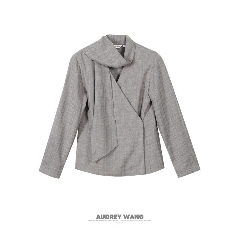 audreyyang_Non_Deforming_Loose_Plaid_High_Neck_Long_Sleeve_Women_Grey_Top_&_Shorts_Sets_MISSTT