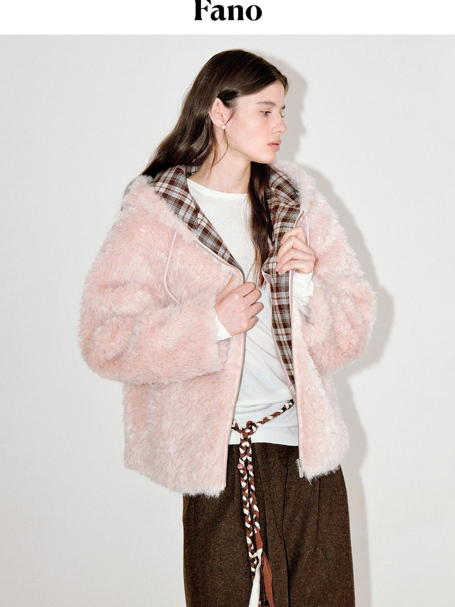 fano Cozy Lotus Pink Plaid Zip Closure Relaxed Loose Fit Womens Outerwear Long Coats