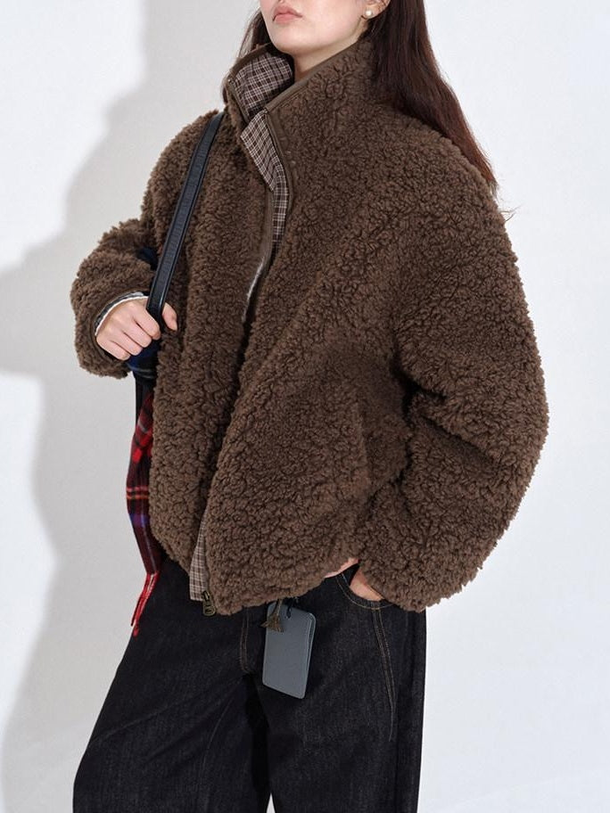 fano Warm Lambswool Plaid Stand Collar Zip Loose Fit Casual Women Brown Short Coat