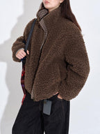 fano Warm Lambswool Plaid Stand Collar Zip Loose Fit Casual Women Brown Short Coat