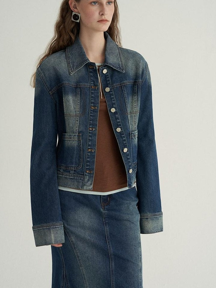 someone sometimes High Cotton Denim Blue Long Sleeve Collared Buttoned Women Top & Skirt Sets