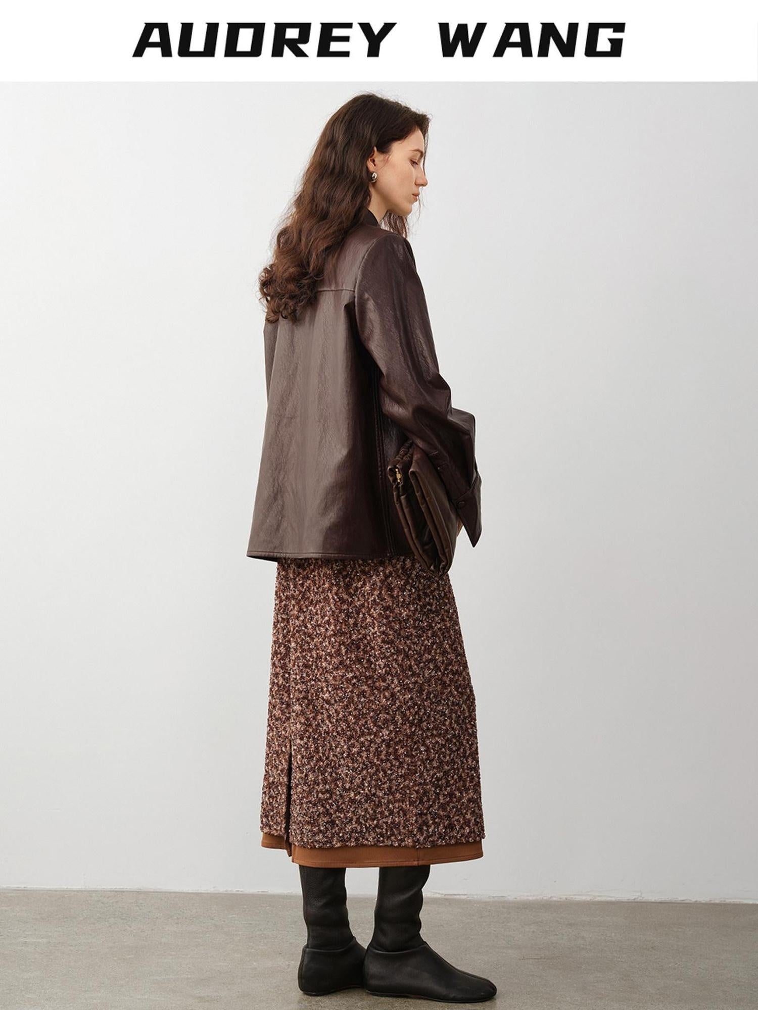 audreyyang Stretch Sculpting Mid Waist Pencil Slim Fit Brown Women Polyester Maxi Skirts