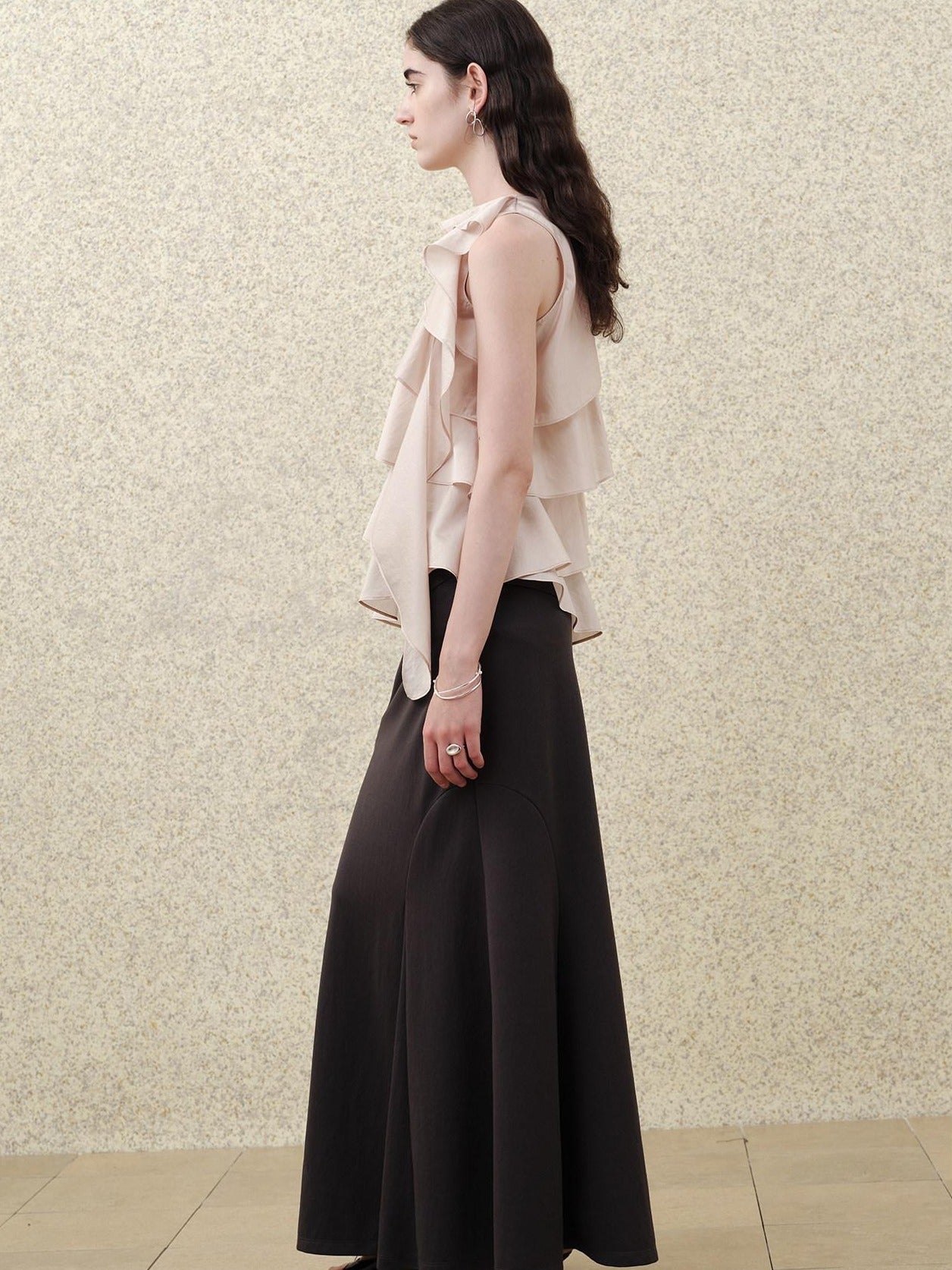 someonesometimes Ruffle One Shoulder Loose Tencel Modal Soft Mist Pink Women Top