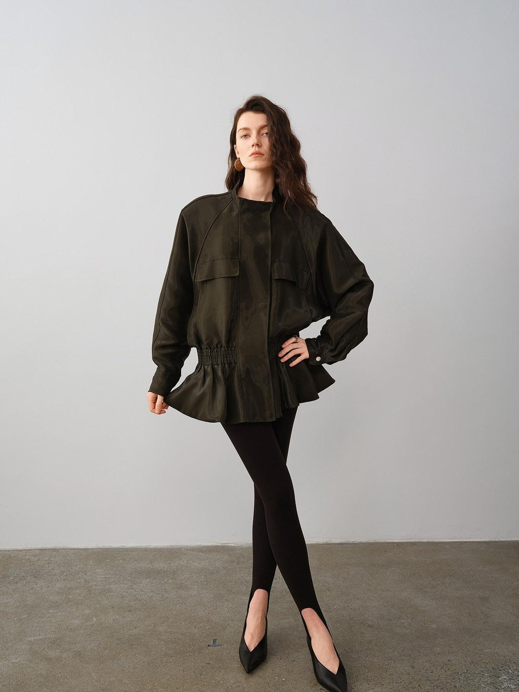 audreyyang Drawstring Techwear Loose Fit Womens Long Sleeve Button Cropped Jackets