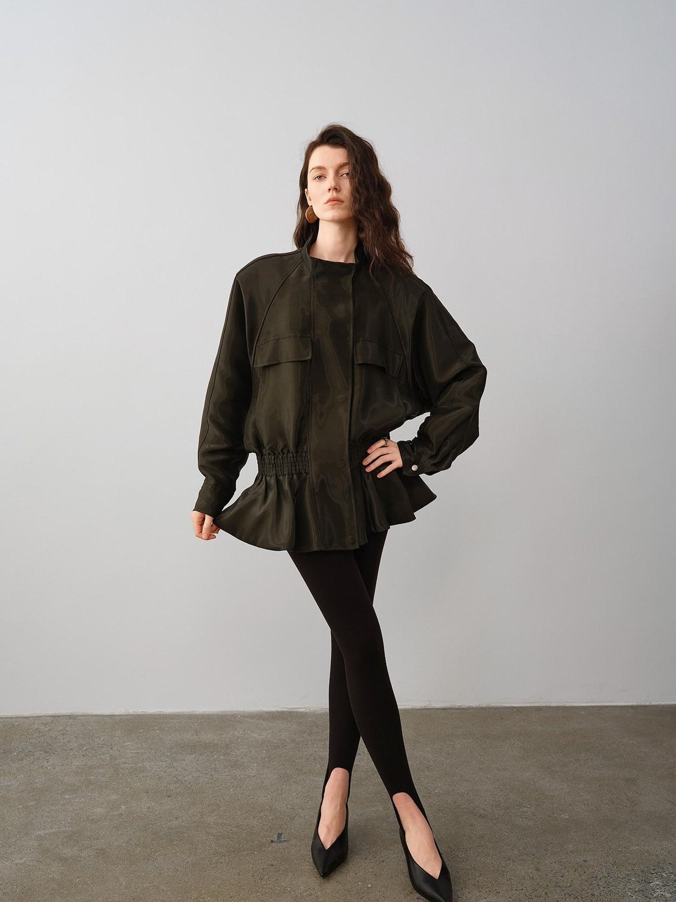 audreyyang Drawstring Techwear Loose Fit Womens Long Sleeve Button Cropped Jackets