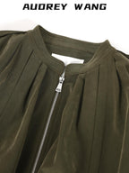 audreyyang Soft Modal Blend Casual Loose Cropped Zip Long Sleeve Women Olive Bomber Jackets