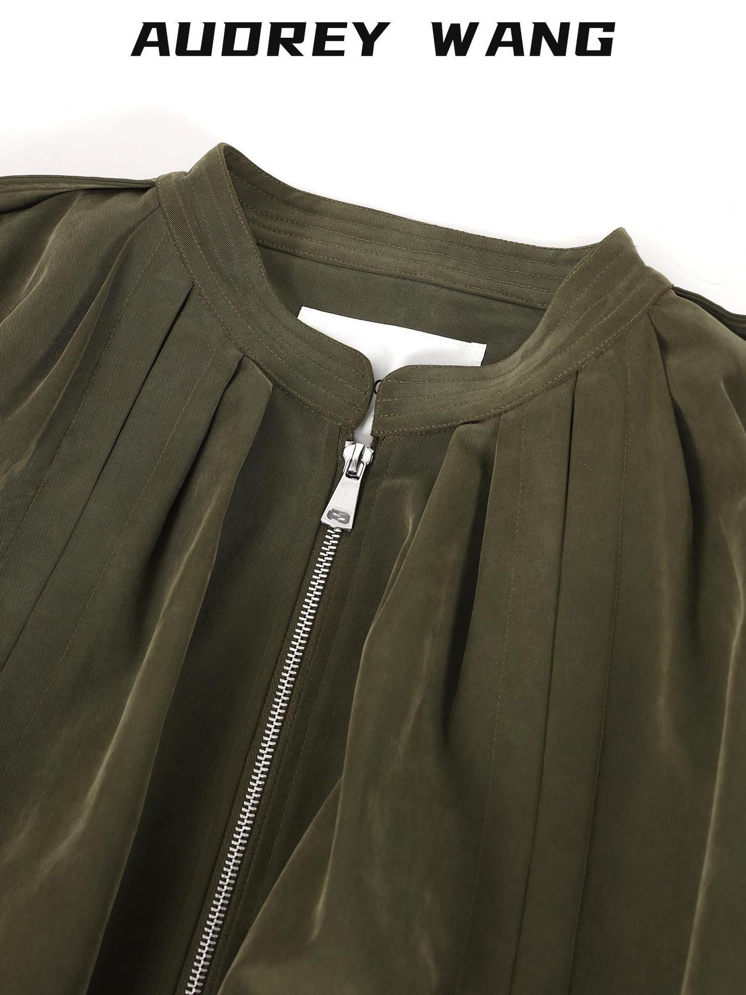 audreyyang Soft Modal Blend Casual Loose Cropped Zip Long Sleeve Women Olive Bomber Jackets