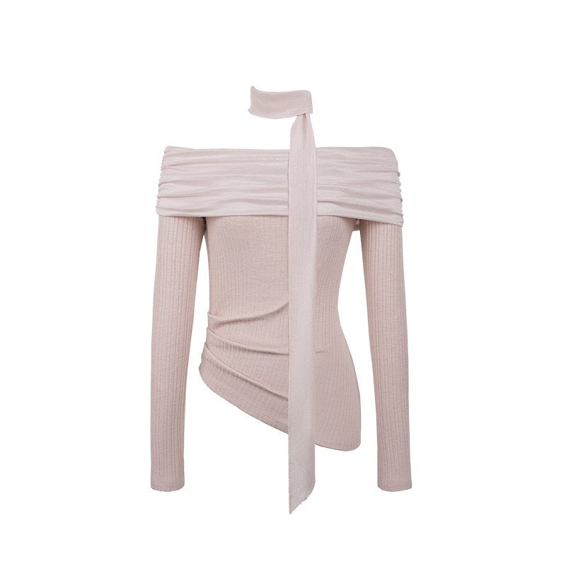 someonesometimes Cotton Blend Slim Fit Patchwork Knit Women Peach Pink Long Sleeve T-Shirts