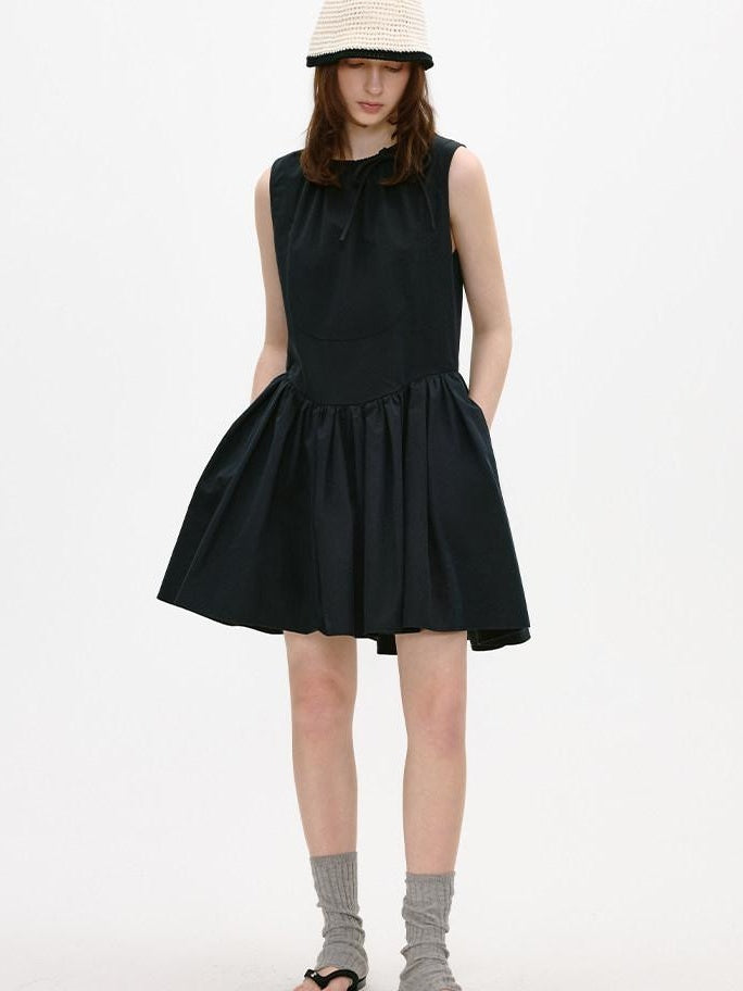 fano Sleeveless Korean Workwear A Line Natural Waist Cotton Blend Black Midi Dresses